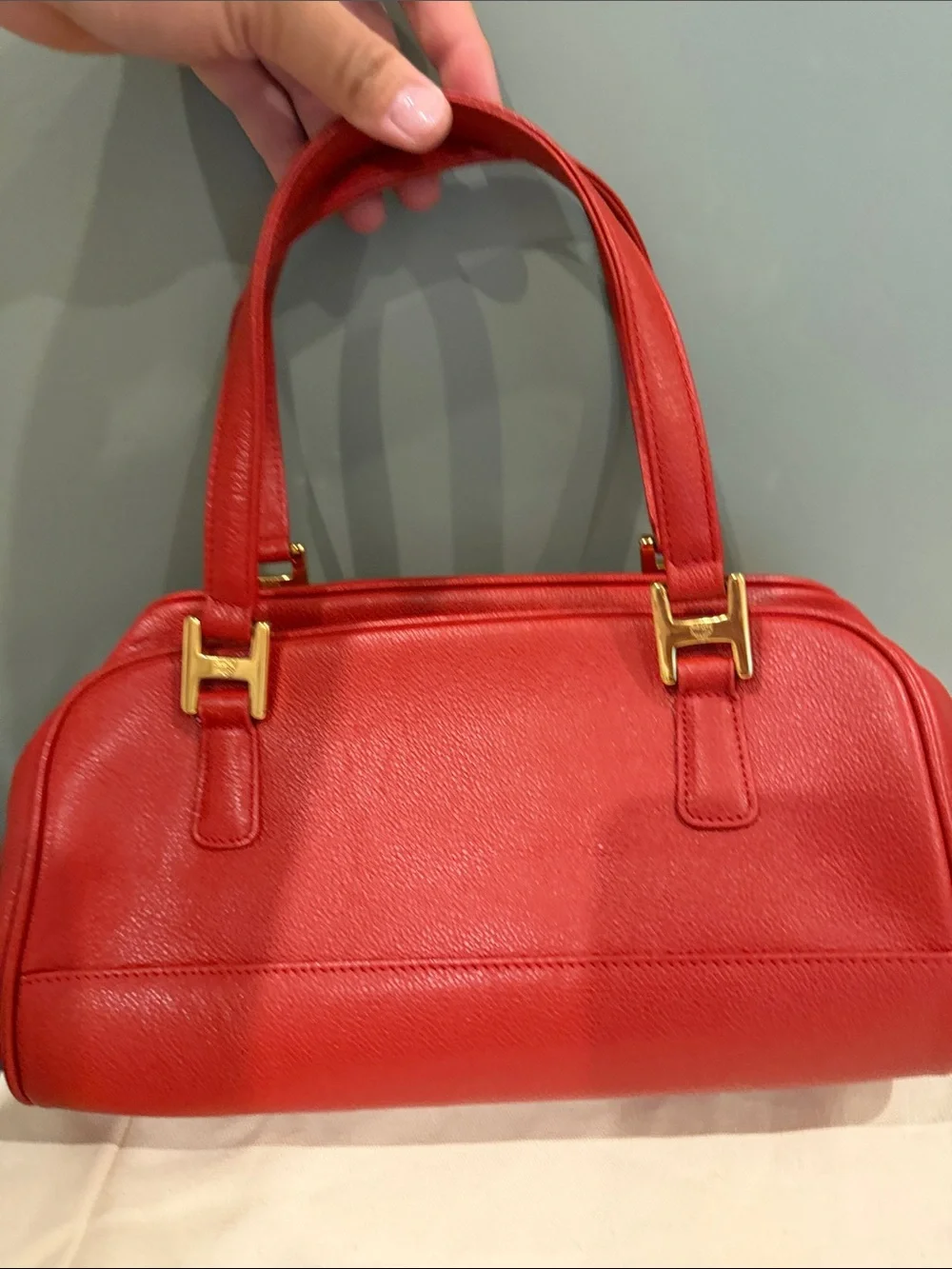MCM Red Leather Satchel with Gold Hardware